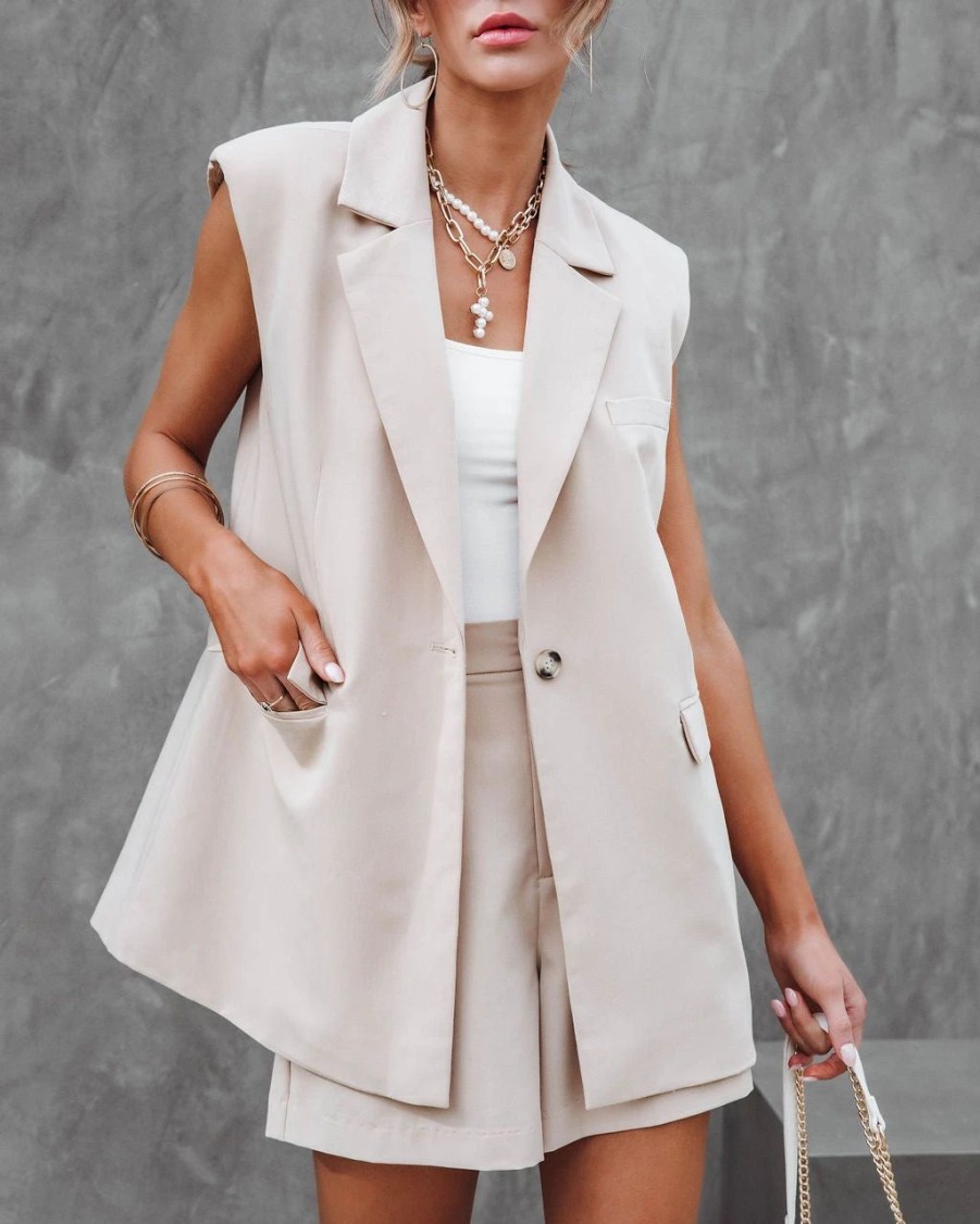 Coats & Jackets * | Flaw-001 Margot Pocketed Sleeveless Blazer Sand Final Sale