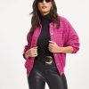 Coats & Jackets * | Stru-001 Modern Day Chic Tweed Pocketed Bomber Jacket Hot Pink Final Sale