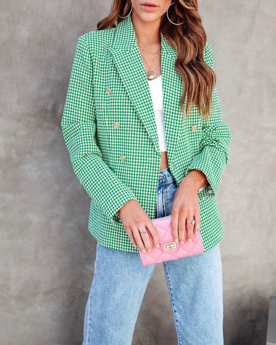 Coats & Jackets * | Entr-001 Catalina Houndstooth Pocketed Blazer Green Sale