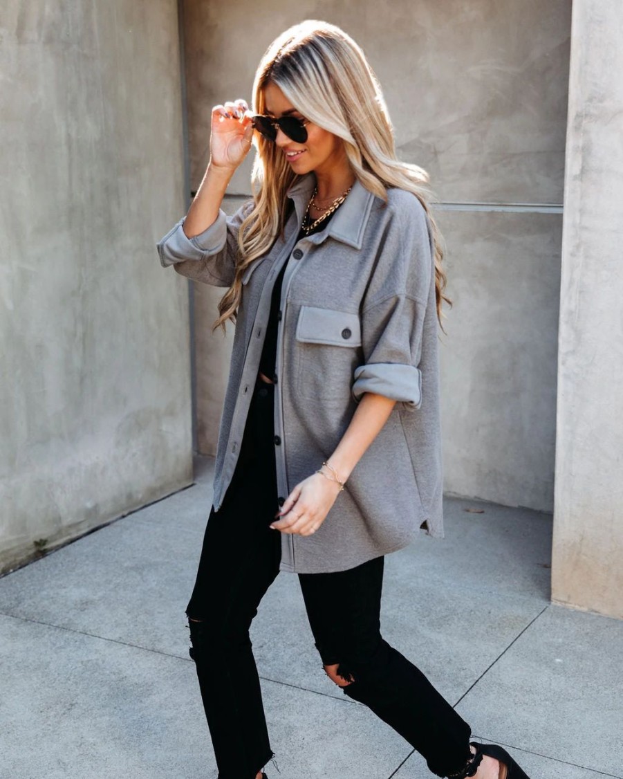 Coats & Jackets * | Acoa-001 Lexie Cotton Blend Button Down Shacket Charcoal Final Sale