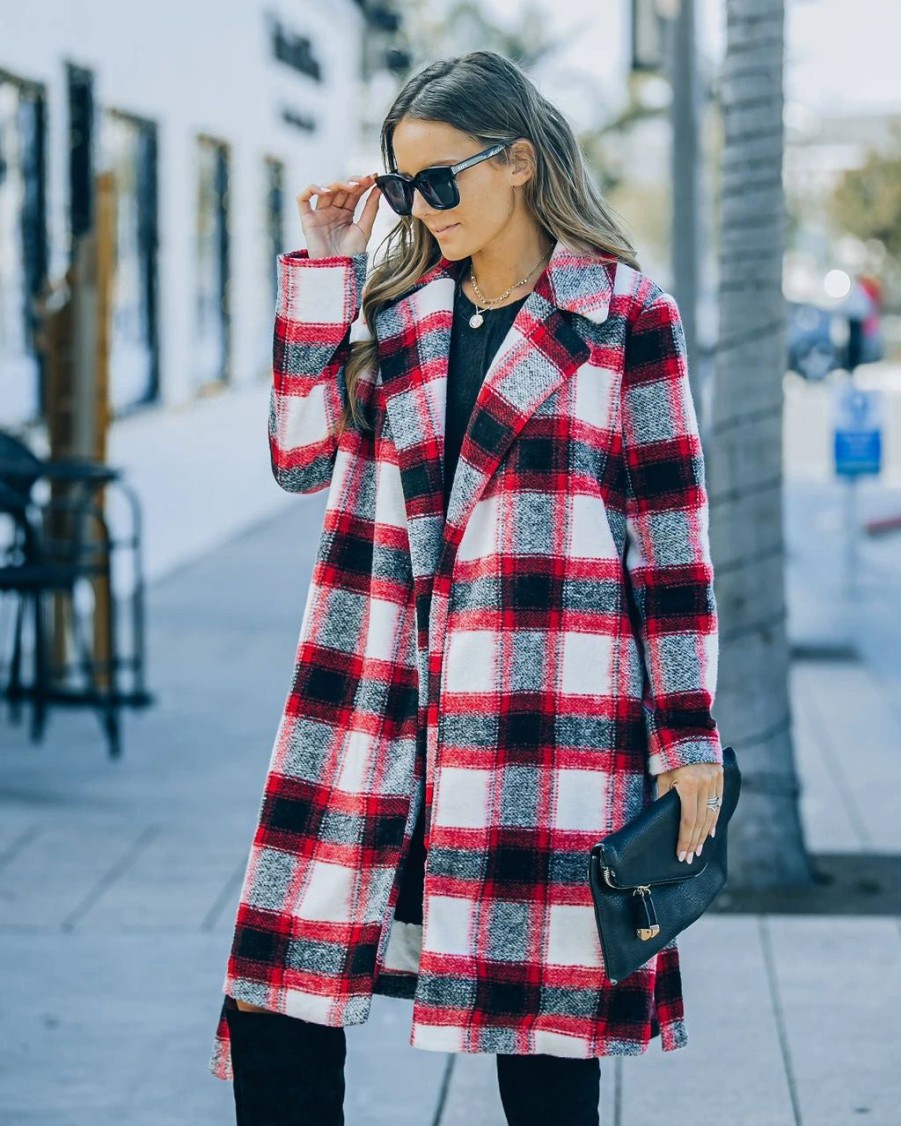 Coats & Jackets * | A Pe-001 Wishful Winter Pocketed Plaid Coat Red Final Sale