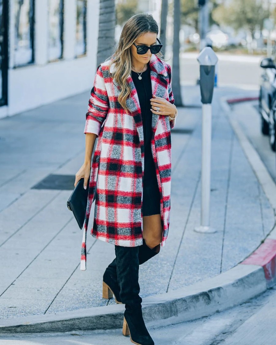 Coats & Jackets * | A Pe-001 Wishful Winter Pocketed Plaid Coat Red Final Sale