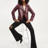 Coats & Jackets * | Skie-001 Jingle Bell Rock Pocketed Faux Leather Biker Jacket Wine Final Sale