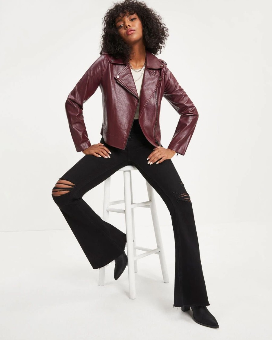 Coats & Jackets * | Skie-001 Jingle Bell Rock Pocketed Faux Leather Biker Jacket Wine Final Sale