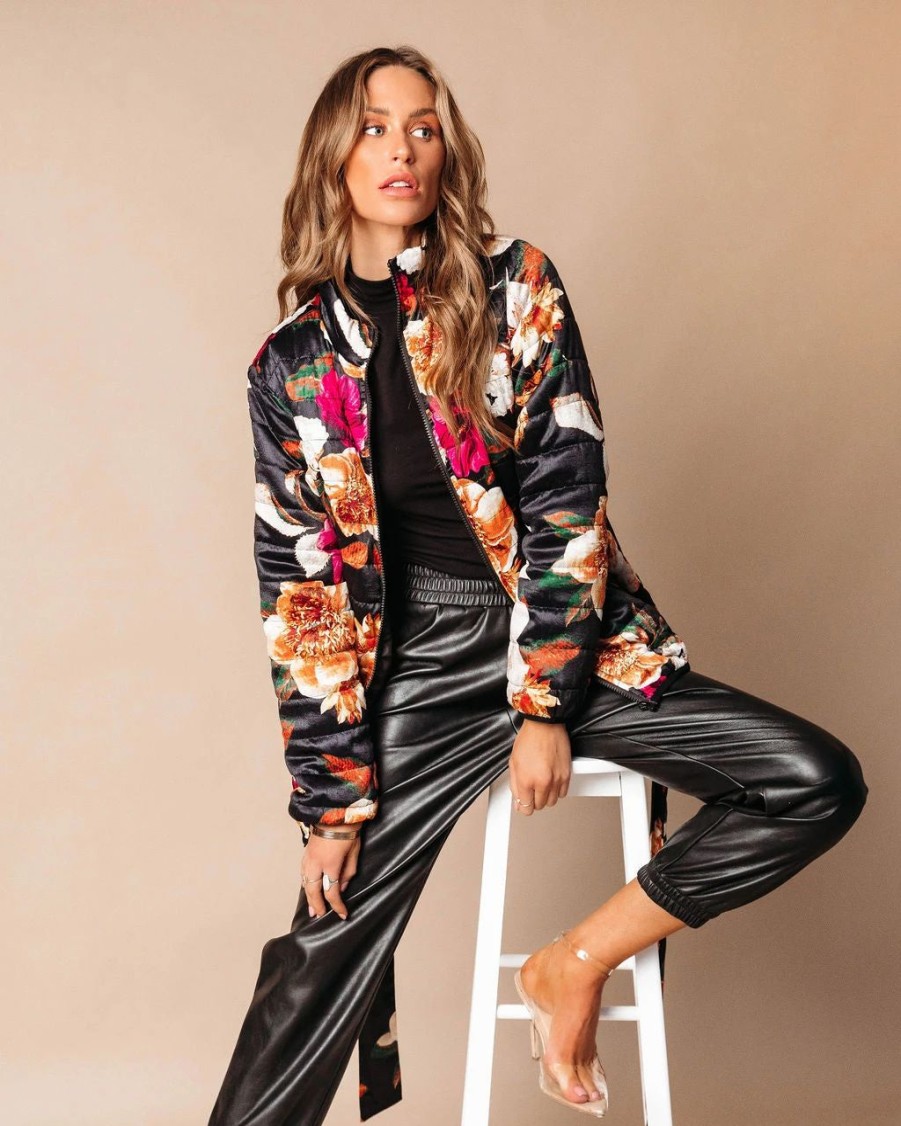 Coats & Jackets * | Salt-001 Stefani Floral Pocketed Quilted Jacket Black Final Sale