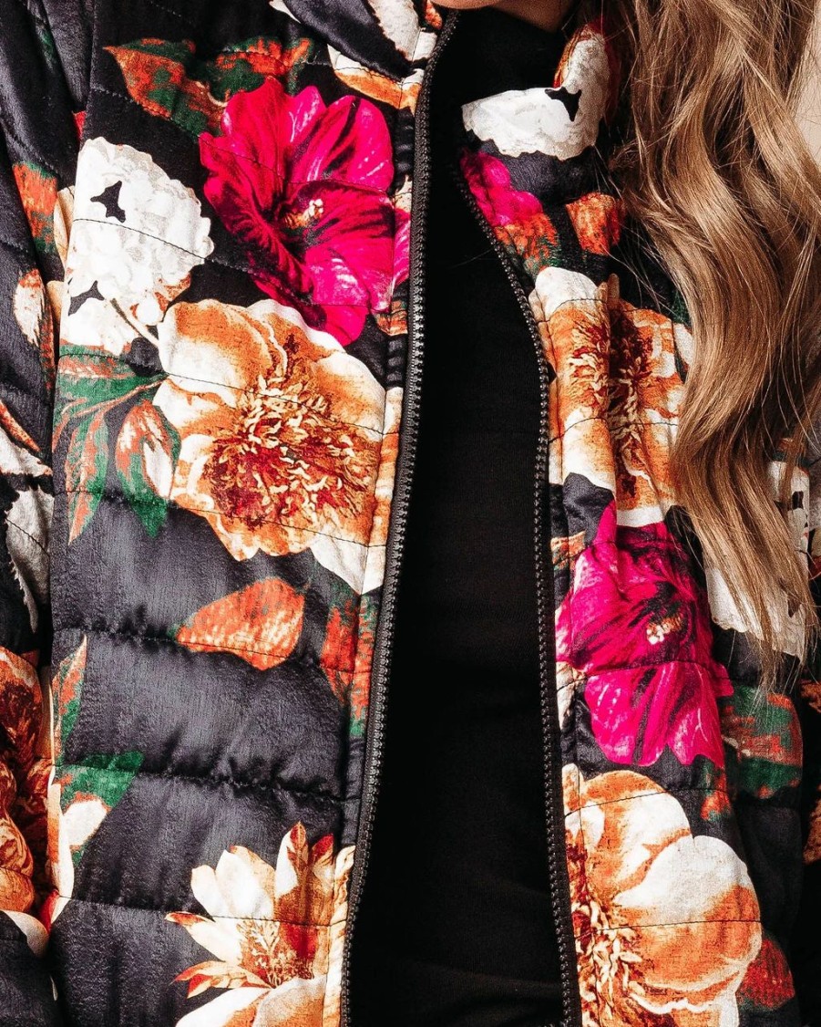 Coats & Jackets * | Salt-001 Stefani Floral Pocketed Quilted Jacket Black Final Sale