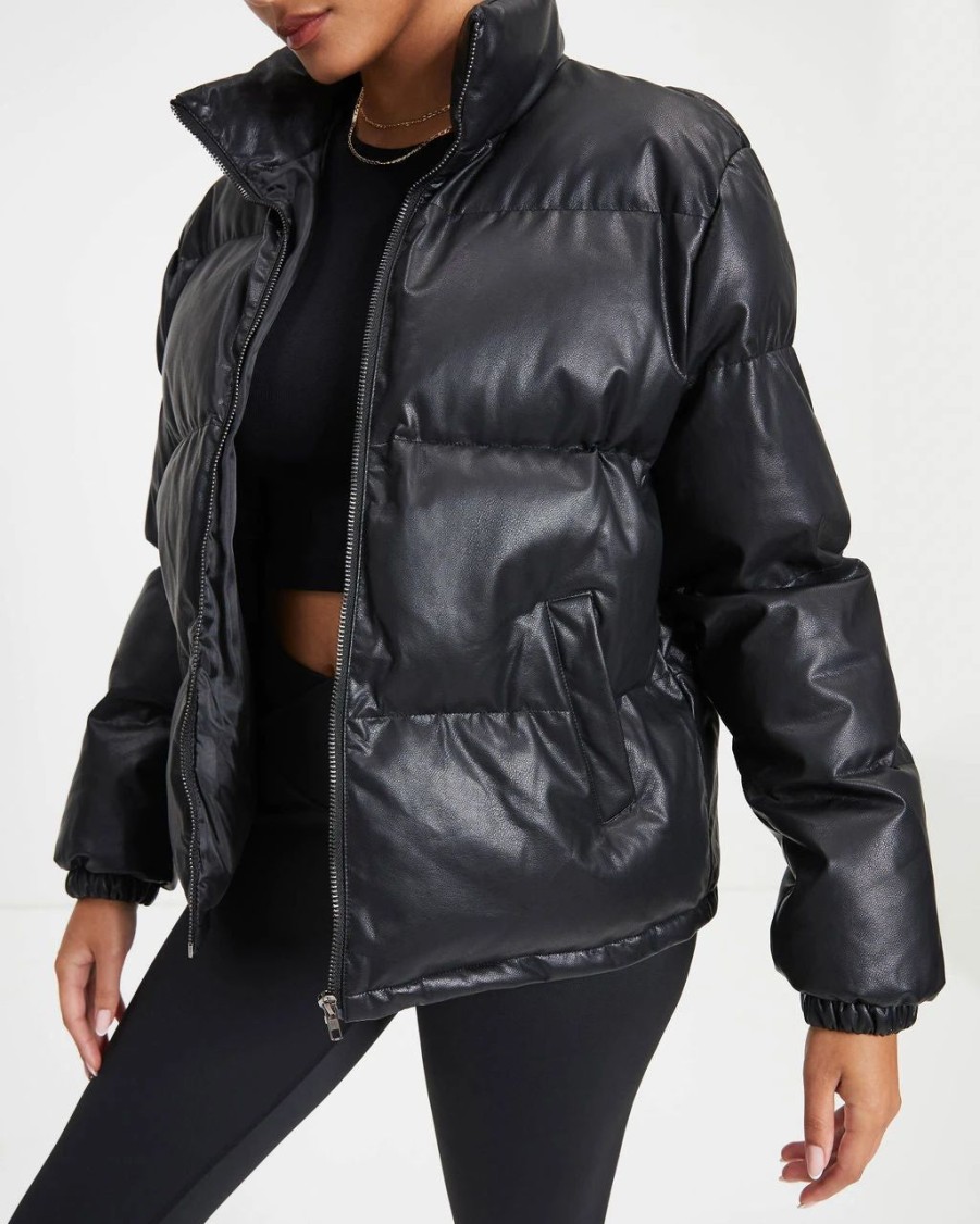 Coats & Jackets * | Tcec-001 Raza Pocketed Faux Leather Puffer Jacket Black Final Sale