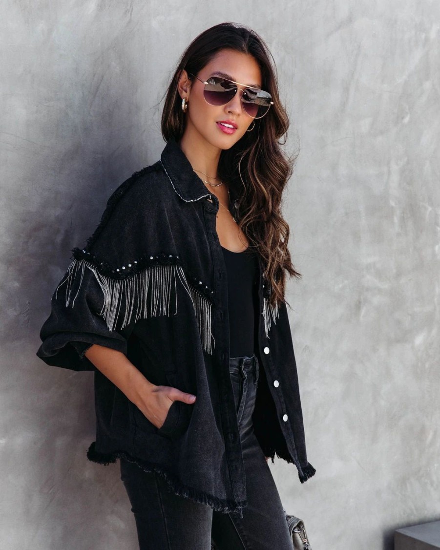 Coats & Jackets * | Pol-001 Knightly Pocketed Studded Fringe Lightweight Jacket Black Final Sale