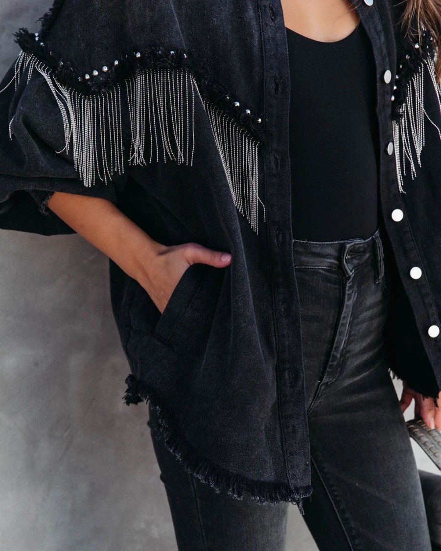 Coats & Jackets * | Pol-001 Knightly Pocketed Studded Fringe Lightweight Jacket Black Final Sale