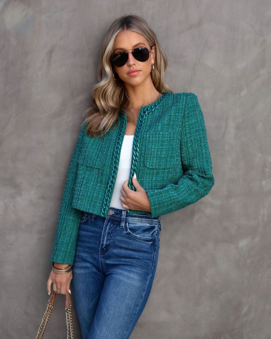 Coats & Jackets * | A Pe-001 Be Bold Tweed Chain Blazer Green Final Sale