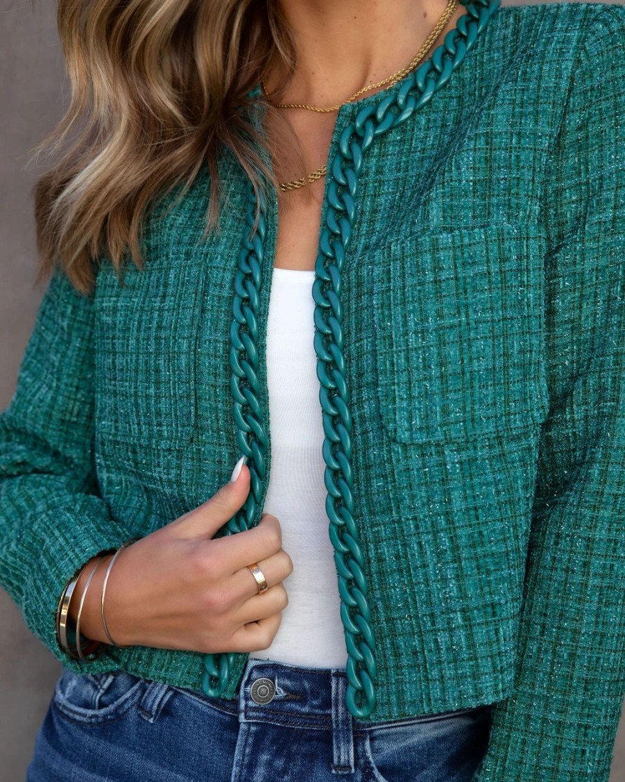 Coats & Jackets * | A Pe-001 Be Bold Tweed Chain Blazer Green Final Sale