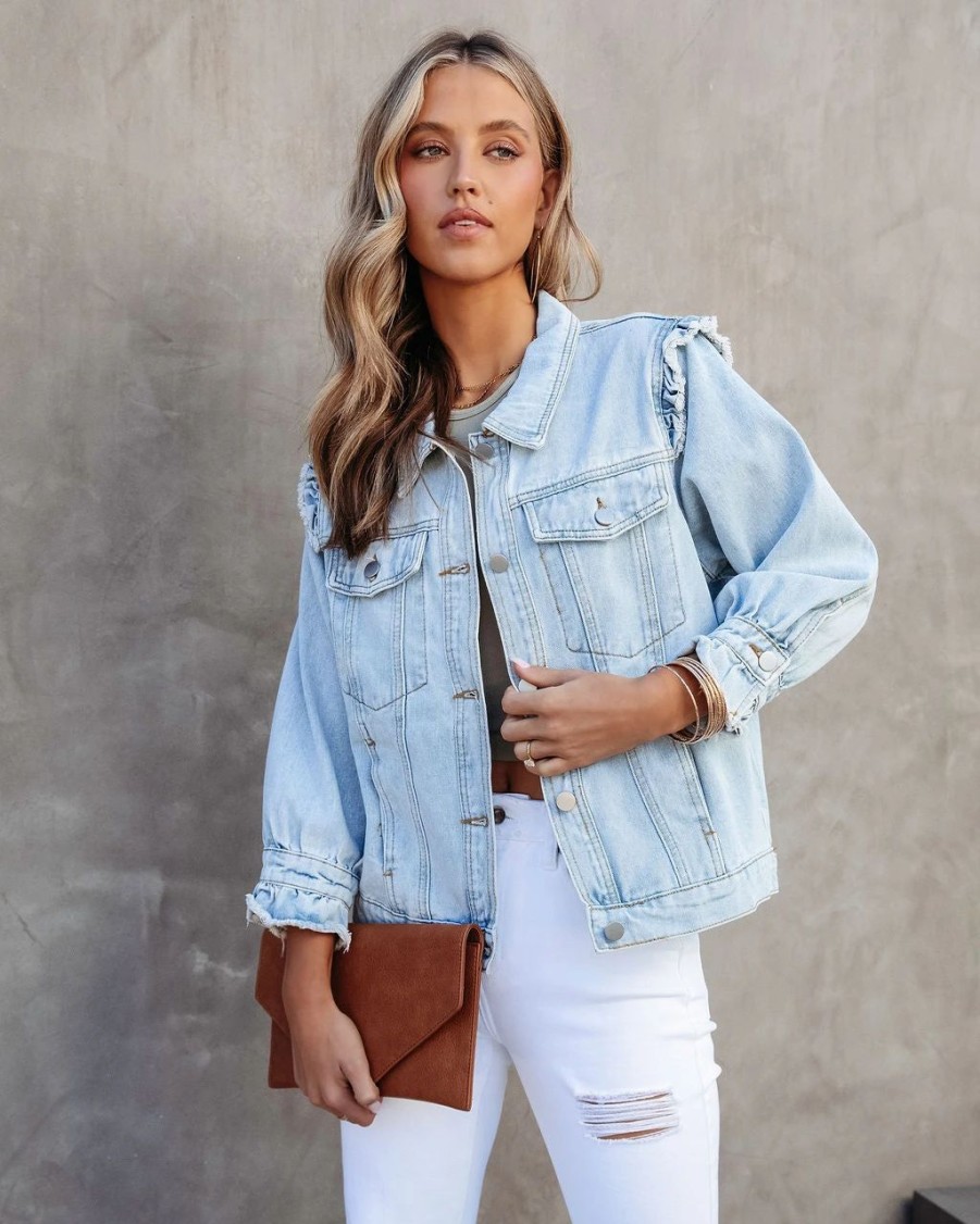 Coats & Jackets * | Andr-001 Underwood Denim Frayed Ruffle Jacket Sale