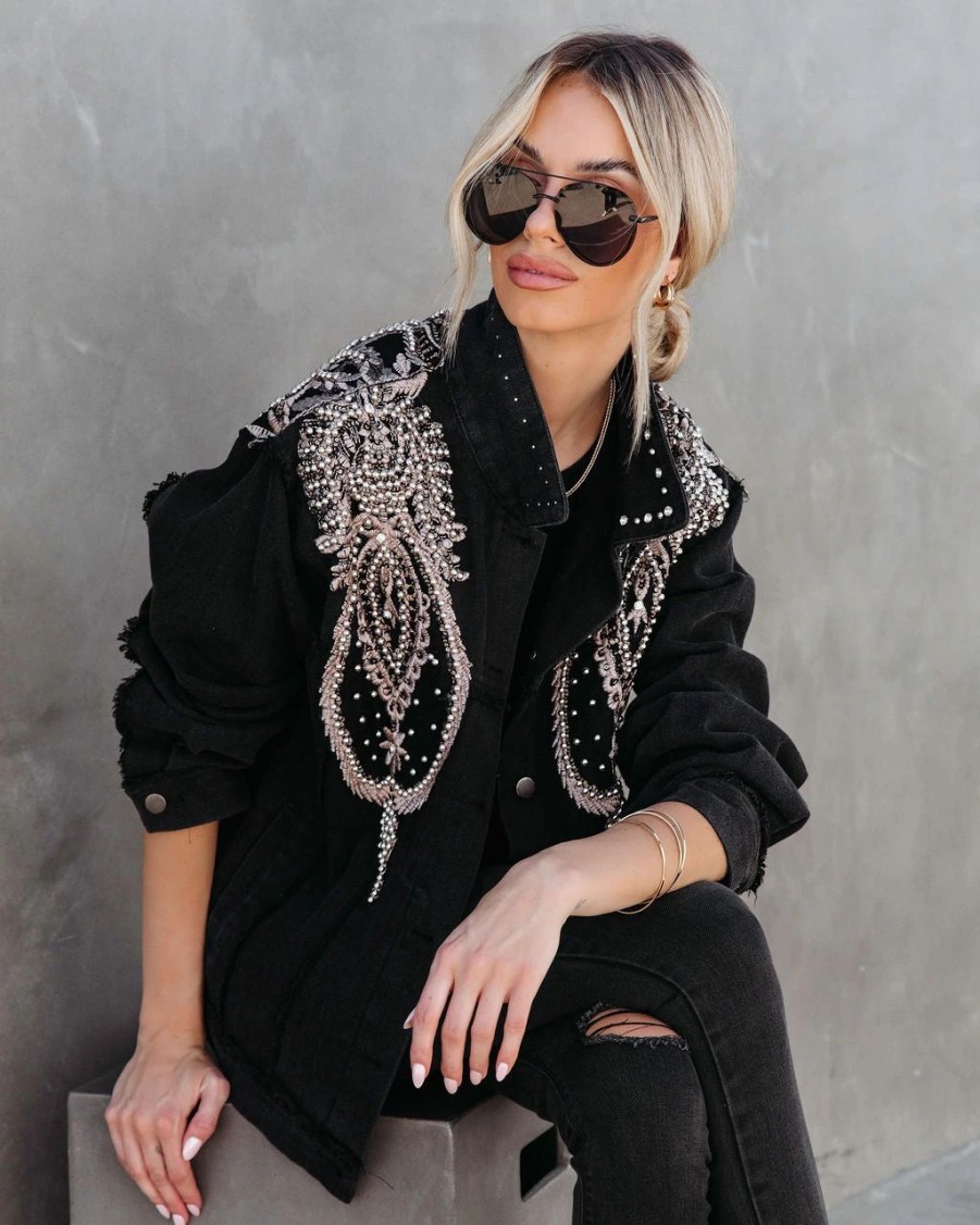 Coats & Jackets * | Pol-001 Glam Rodeo Pocketed Studded Embroidered Jacket Black Final Sale