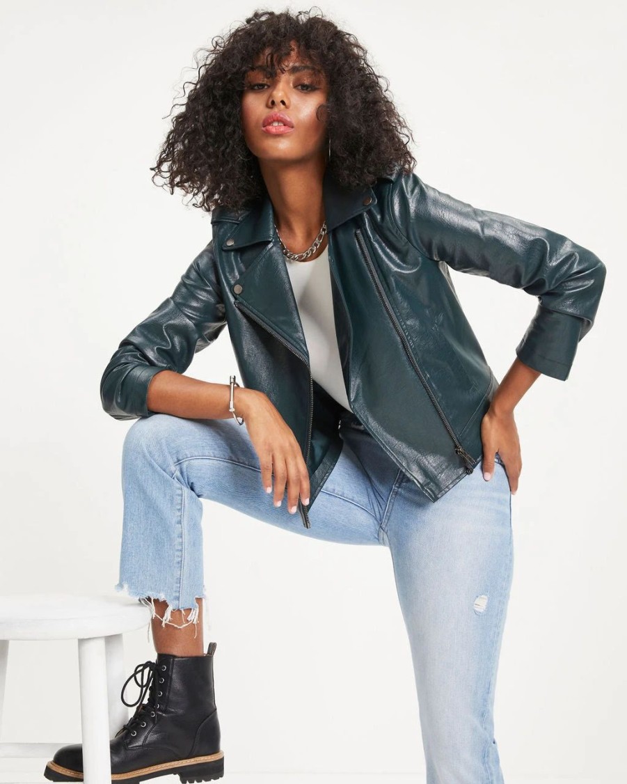 Coats & Jackets * | Skie-001 Jingle Bell Rock Pocketed Faux Leather Biker Jacket Pine Final Sale