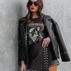 Coats & Jackets * | Acoa-001 Davidson Faux Leather Pocketed Studded Jacket Black Final Sale