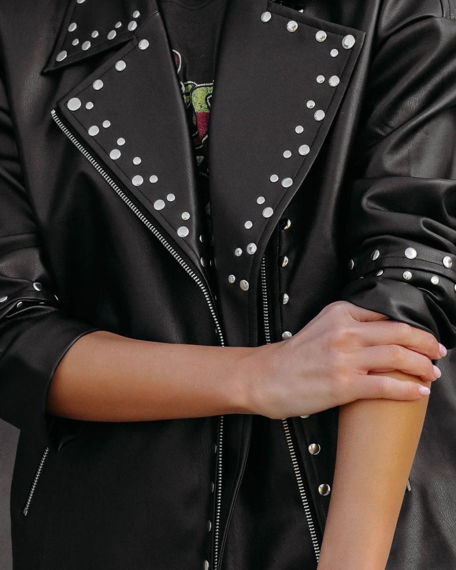 Coats & Jackets * | Acoa-001 Davidson Faux Leather Pocketed Studded Jacket Black Final Sale