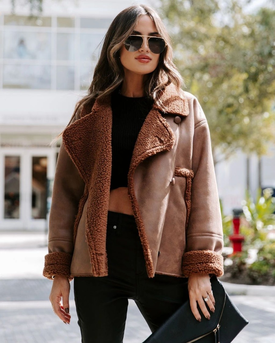 Coats & Jackets * | Fate-001 Karen Pocketed Faux Suede Sherpa Trim Jacket Chocolate Final Sale