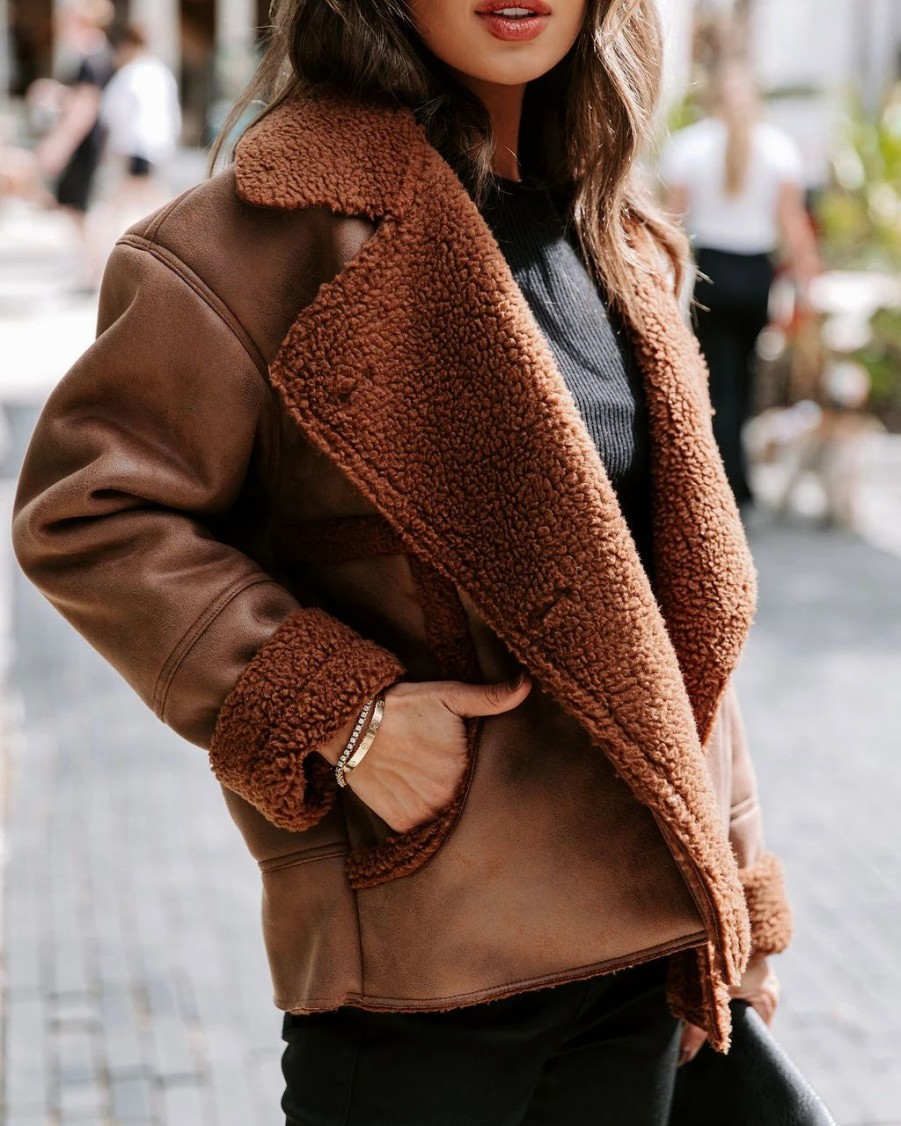 Coats & Jackets * | Fate-001 Karen Pocketed Faux Suede Sherpa Trim Jacket Chocolate Final Sale