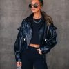 Coats & Jackets * | Mabl-001 Edgy Femme Faux Leather Ruffle Biker Jacket Black Final Sale