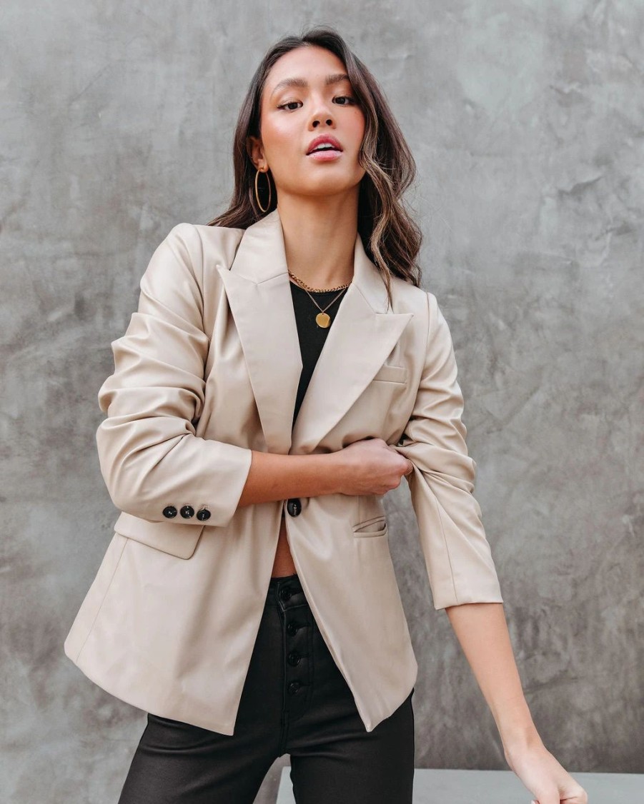 Coats & Jackets * | Danc-001 Big City Dreams Faux Leather Pocketed Blazer Light Taupe Final Sale