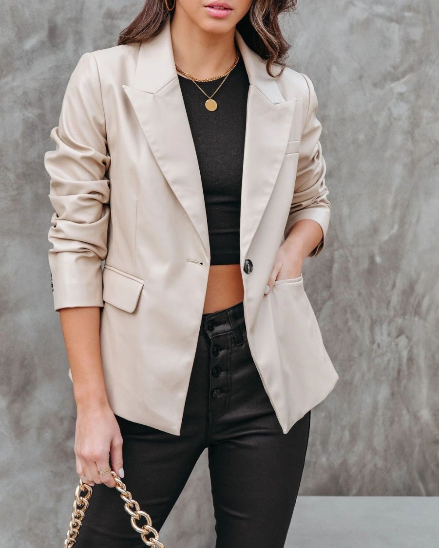 Coats & Jackets * | Danc-001 Big City Dreams Faux Leather Pocketed Blazer Light Taupe Final Sale