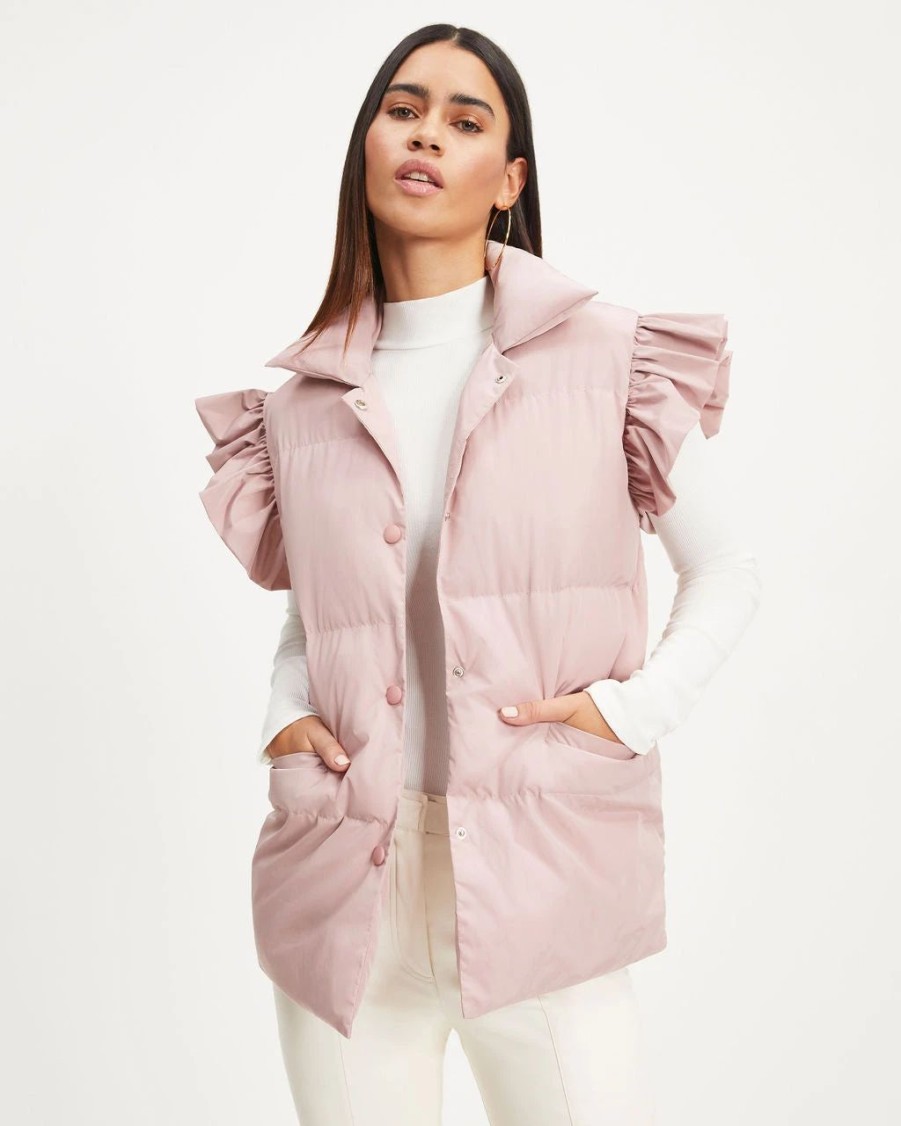 Coats & Jackets * | Buck-001 Winter Glam Pocketed Ruffle Puff Vest Dusty Pink Final Sale