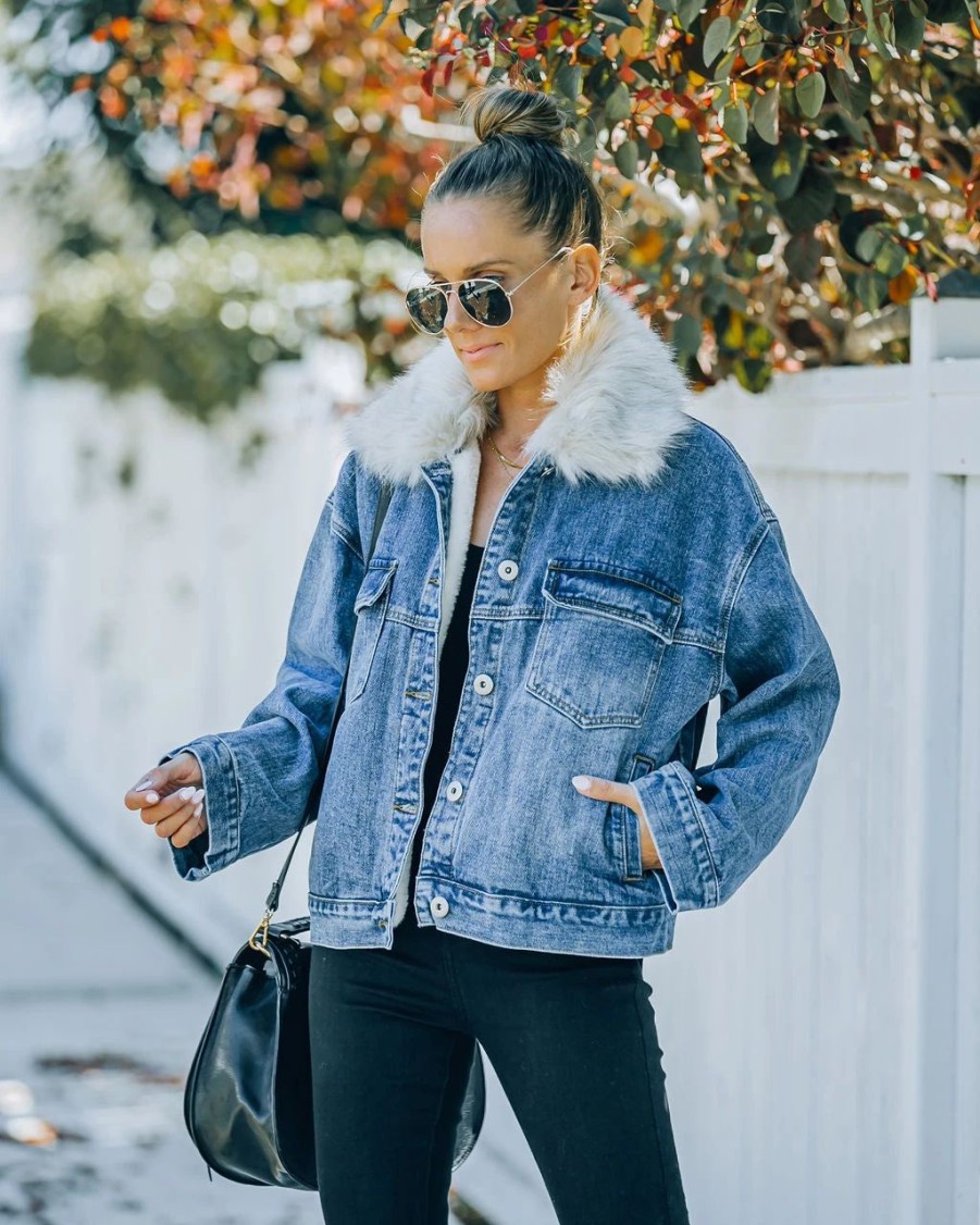 Coats & Jackets * | A Pe-001 Boone Pocketed Faux Fur Denim Jacket Final Sale