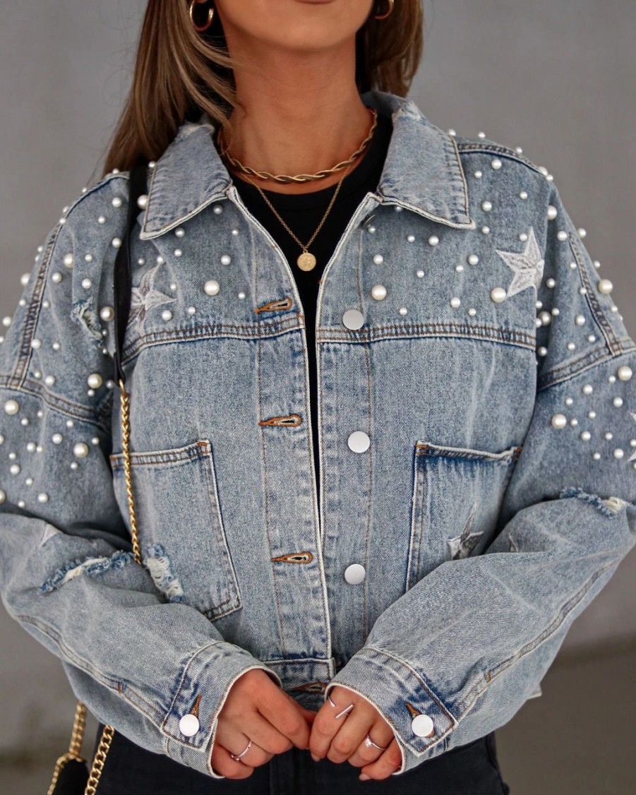 Coats & Jackets * | Pol-001 North Star Embellished Pocketed Denim Jacket Blue Final Sale