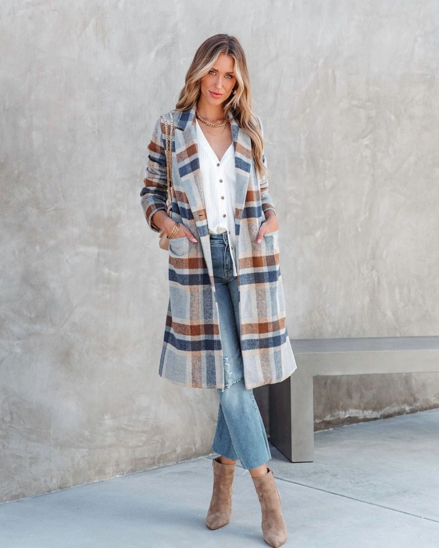 Coats & Jackets * | Sage-001 Brisk Rain Strolls Pocketed Plaid Coat Final Sale