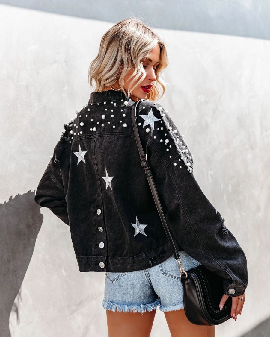 Coats & Jackets * | Pol-001 North Star Embellished Pocketed Denim Jacket Black Final Sale