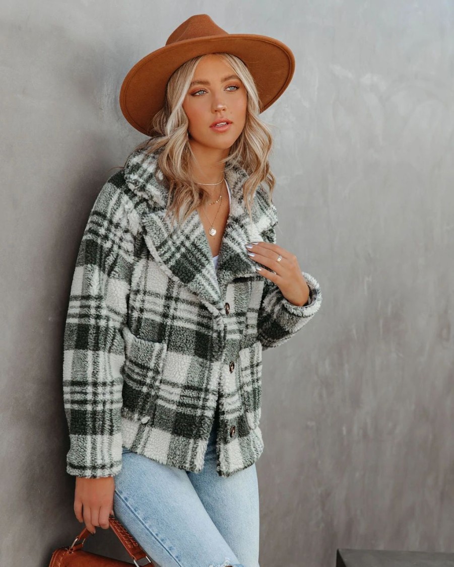 Coats & Jackets * | Lush-001 Pinole Pocketed Plaid Teddy Jacket Grey Final Sale