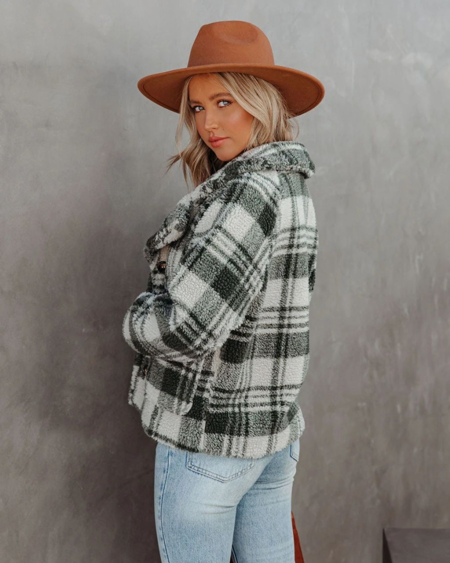 Coats & Jackets * | Lush-001 Pinole Pocketed Plaid Teddy Jacket Grey Final Sale