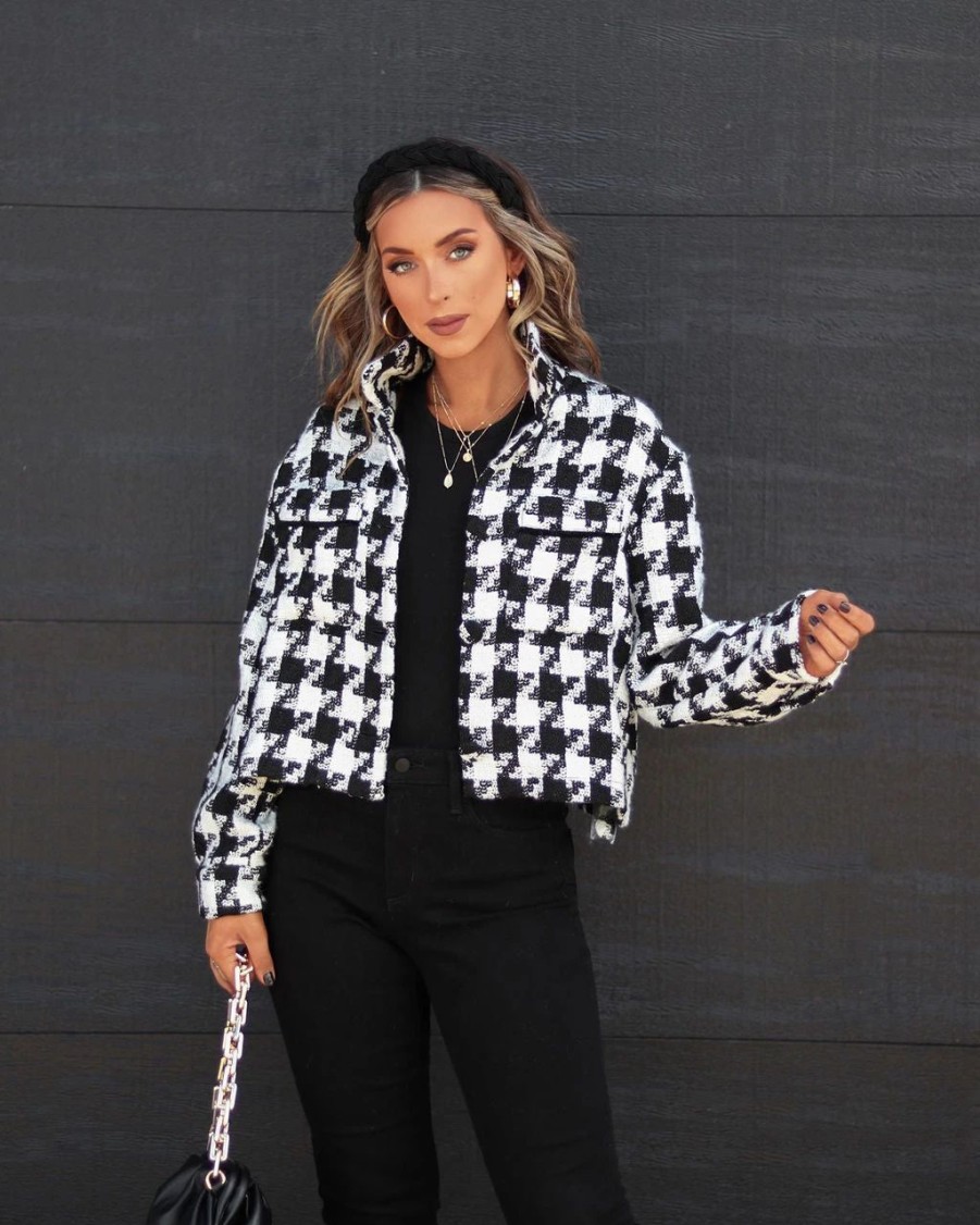 Coats & Jackets * | Miou-001 Beverly Pocketed Houndstooth Jacket Final Sale