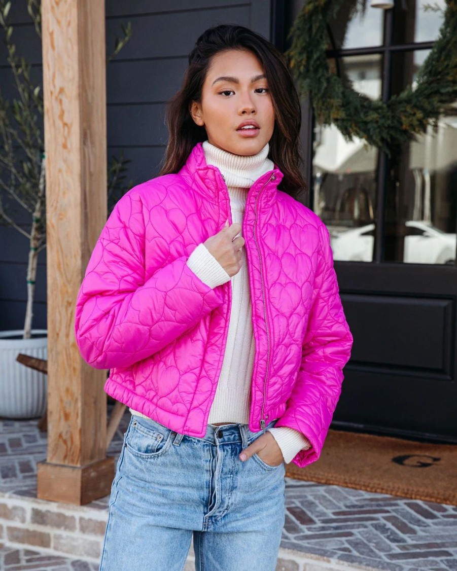 Coats & Jackets * | &Mer-001 Follow Your Heart Quilted Pocketed Jacket Hot Pink Final Sale