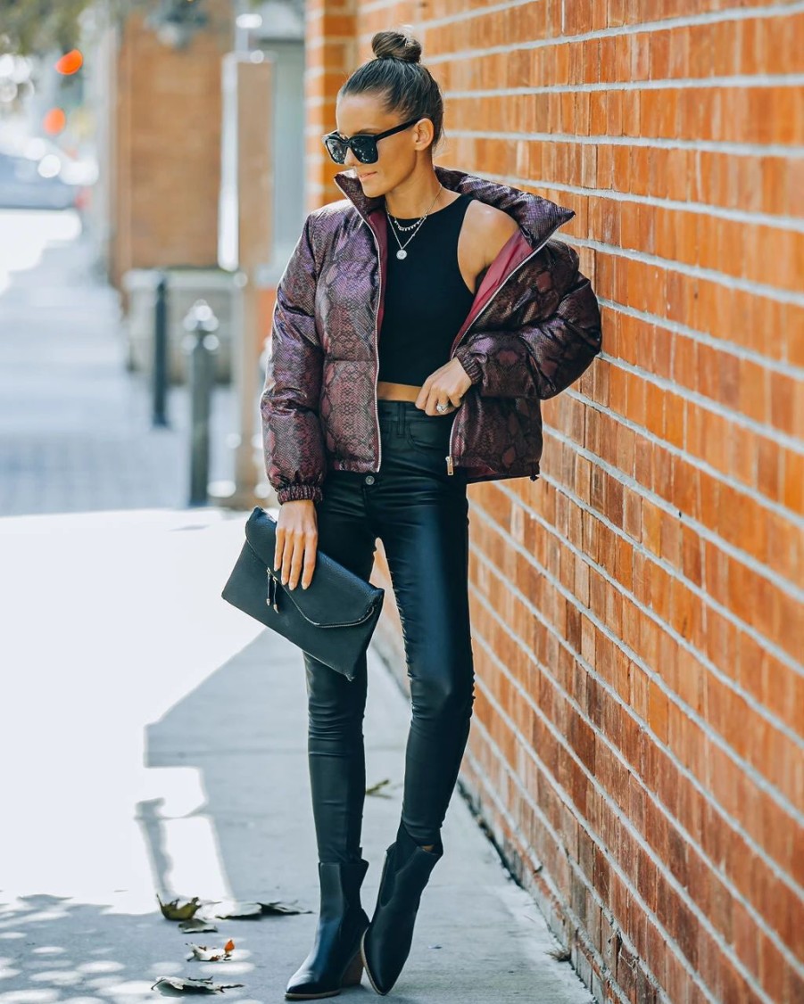 Coats & Jackets * | Tcec-001 Giada Pocketed Python Puffer Jacket Burgundy Final Sale