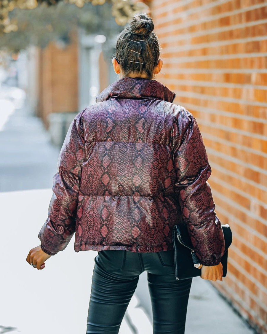 Coats & Jackets * | Tcec-001 Giada Pocketed Python Puffer Jacket Burgundy Final Sale