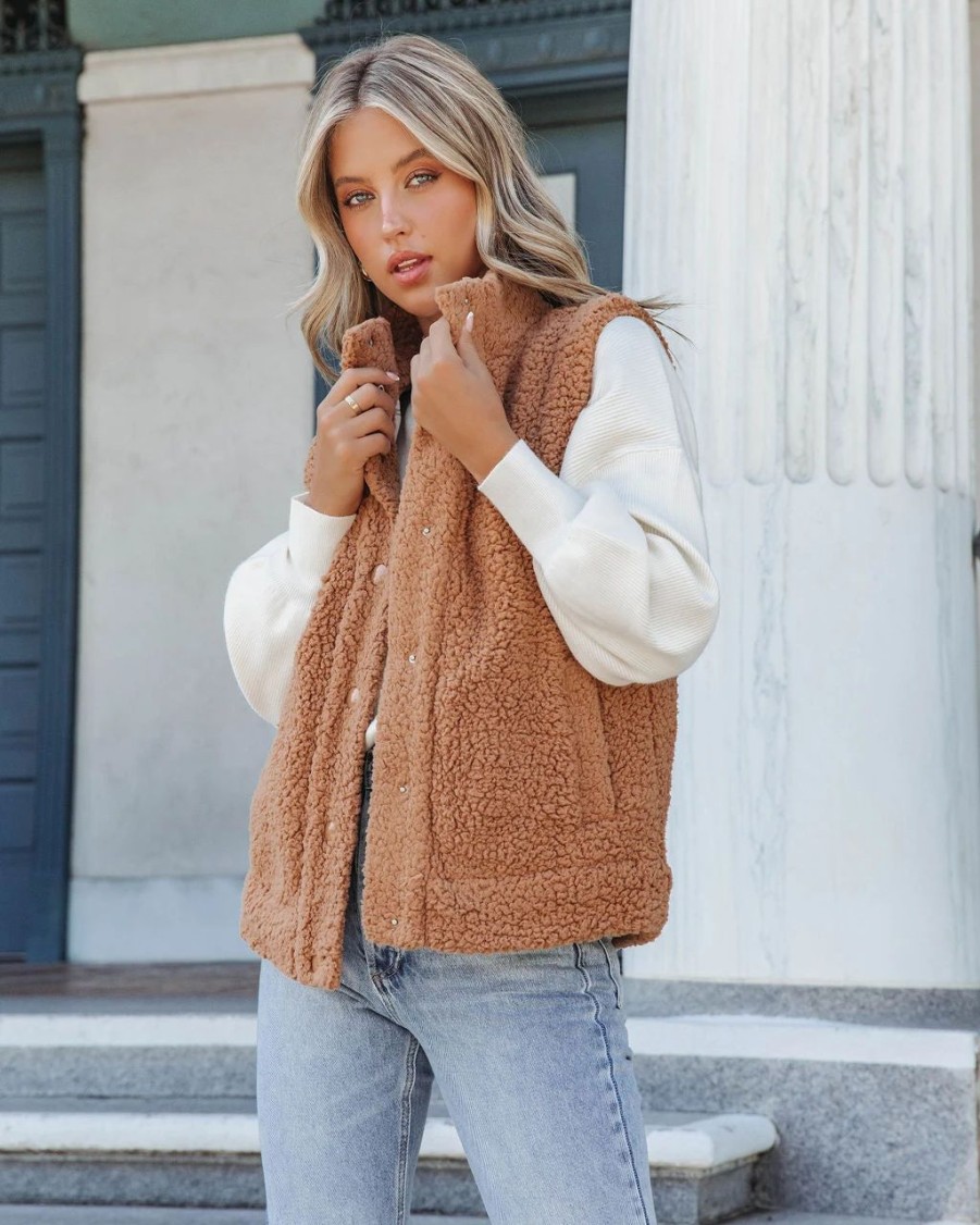 Coats & Jackets * | Wish-001 Paulette Pocketed Sherpa Vest Camel Final Sale