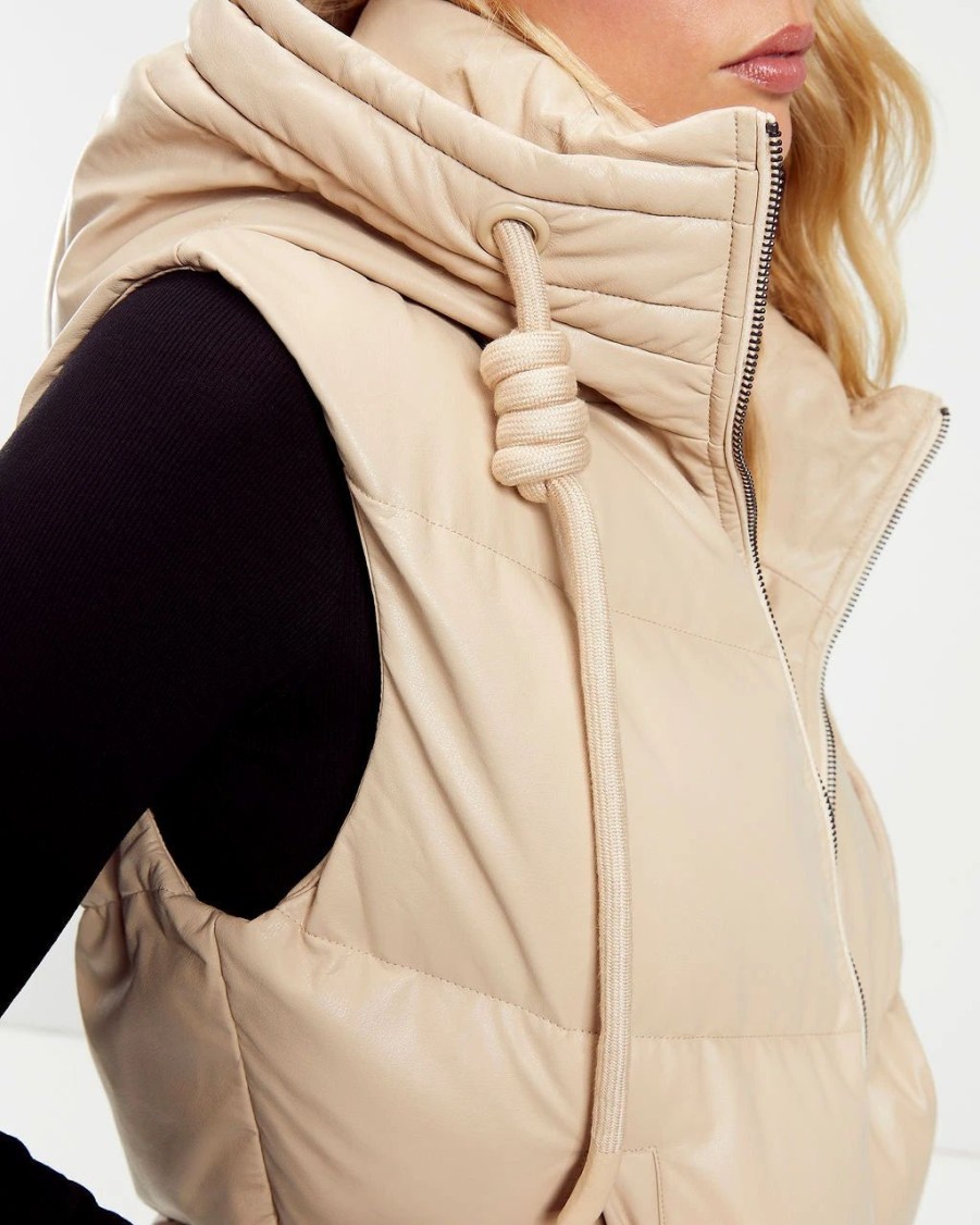 Coats & Jackets * | Tcec-001 Shelton Pocketed Hooded Faux Leather Puffer Vest Beige