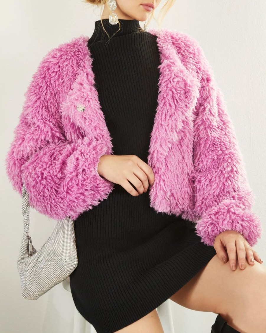 Coats & Jackets * | Oliv-001 Mila Pocketed Shaggy Faux Fur Jacket Orchid Final Sale