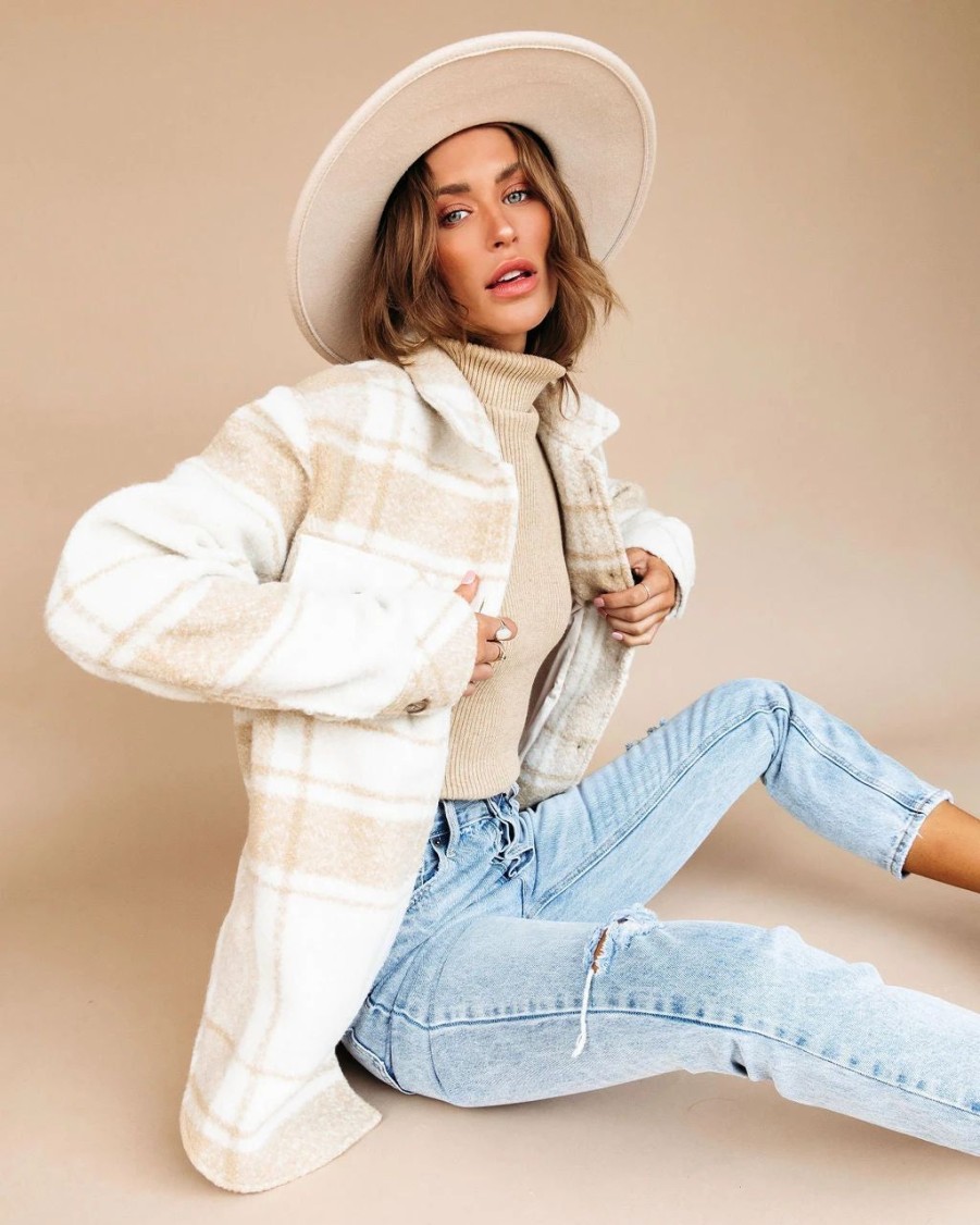 Coats & Jackets * | Thre-001 Weekend Road Trip Plaid Pocketed Jacket Cream Final Sale