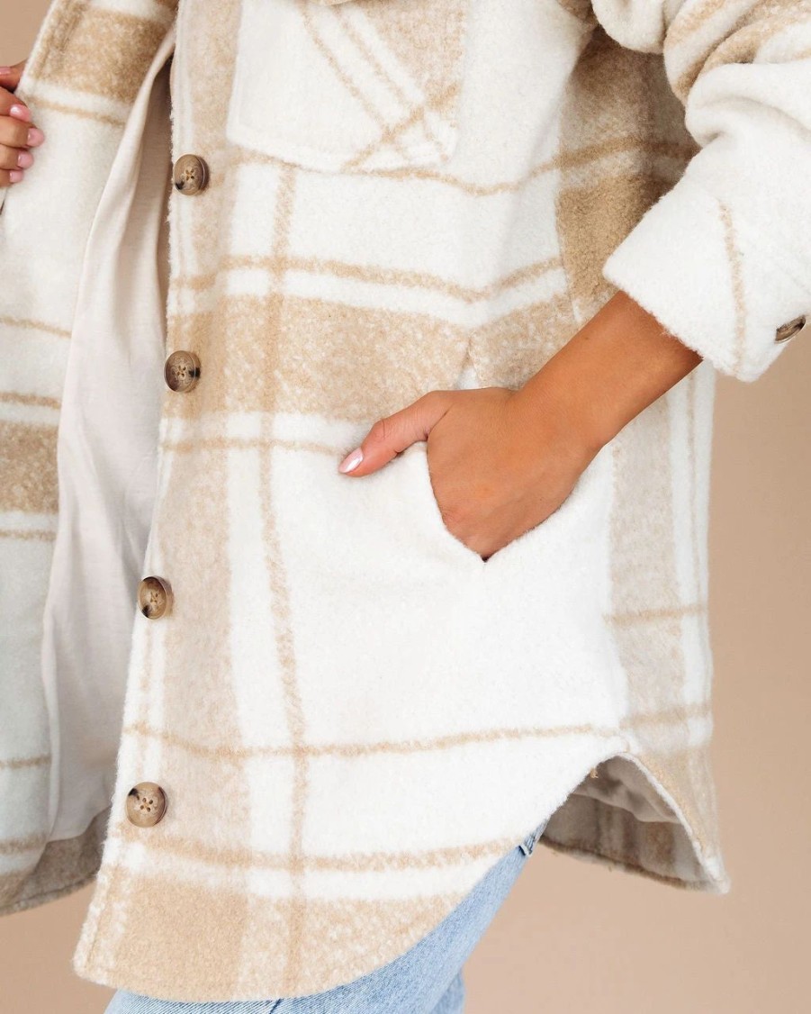 Coats & Jackets * | Thre-001 Weekend Road Trip Plaid Pocketed Jacket Cream Final Sale