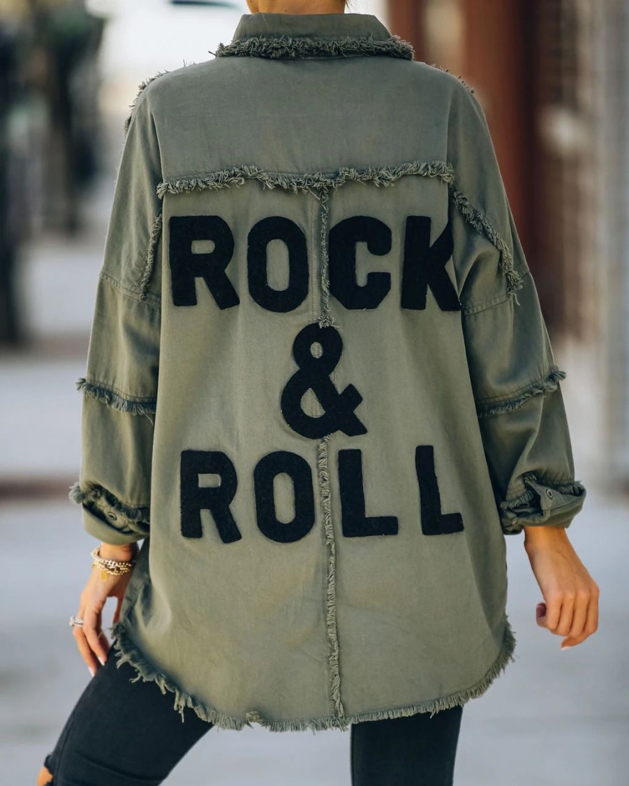 Coats & Jackets * | Elan-001 Cotton Rock & Roll Frayed Utility Jacket Olive Final Sale