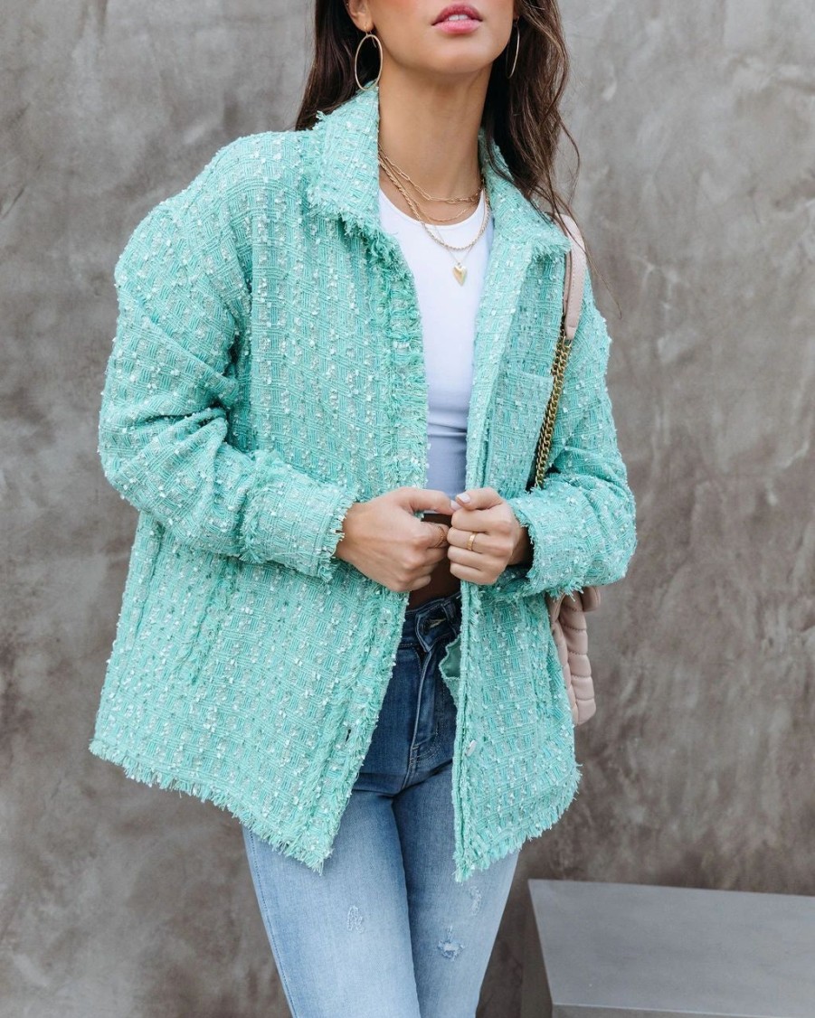 Coats & Jackets * | Danc-001 Cover Girl Tweed Pocketed Jacket Pistachio Final Sale