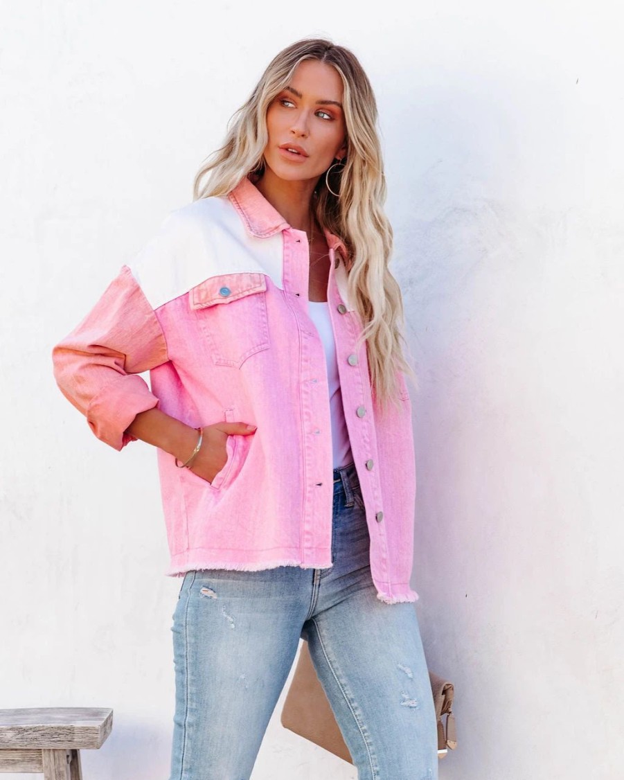 Coats & Jackets * | Entr-001 Cavin Pocketed Colorblock Denim Jacket Pink Combo Last Chance