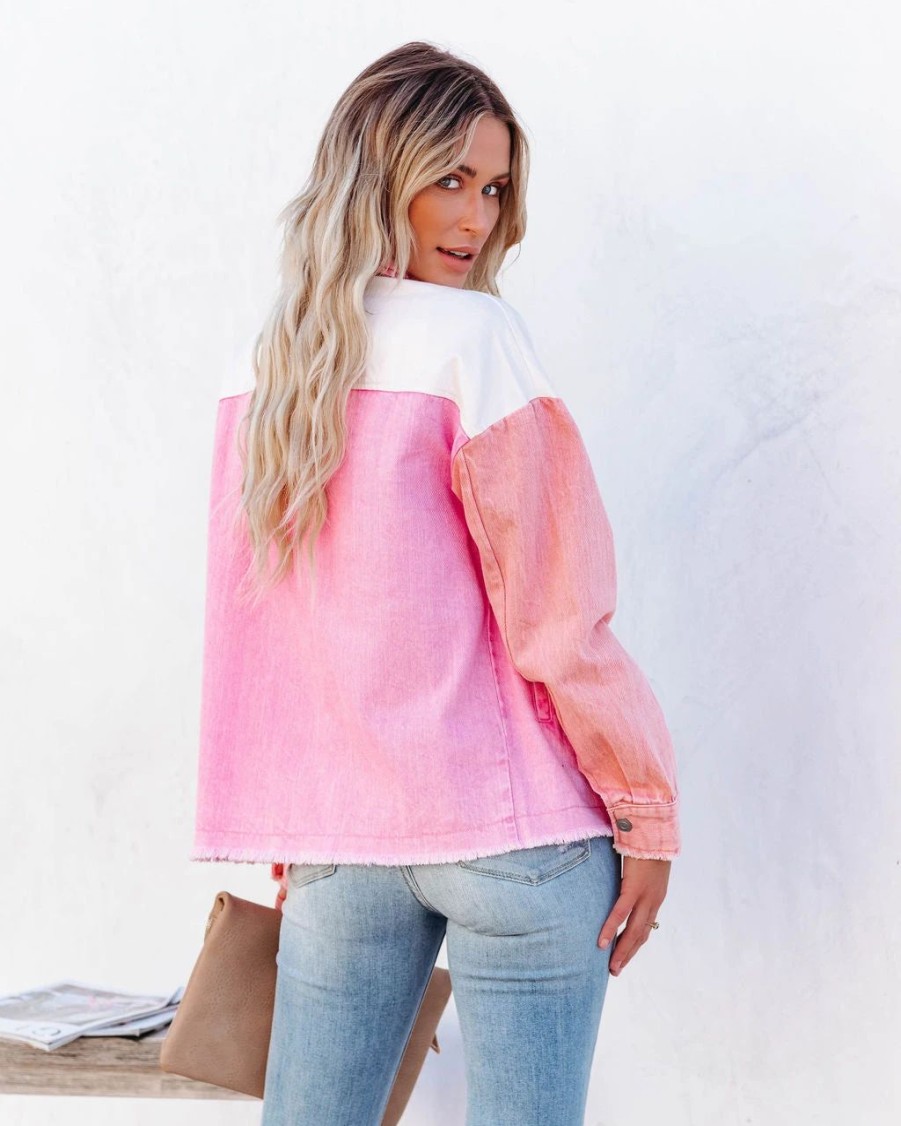 Coats & Jackets * | Entr-001 Cavin Pocketed Colorblock Denim Jacket Pink Combo Last Chance