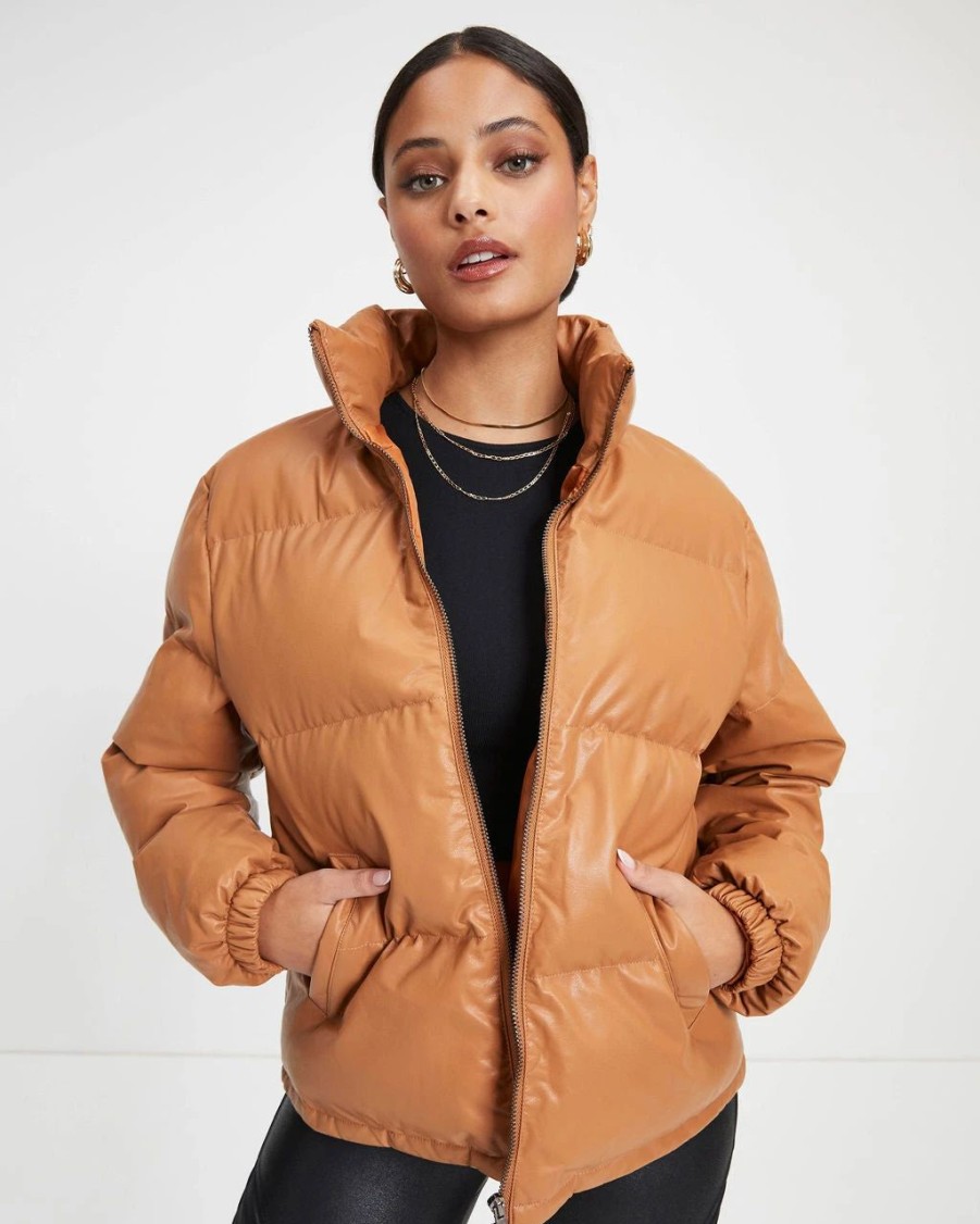 Coats & Jackets * | Tcec-001 Raza Pocketed Faux Leather Puffer Jacket Camel Final Sale