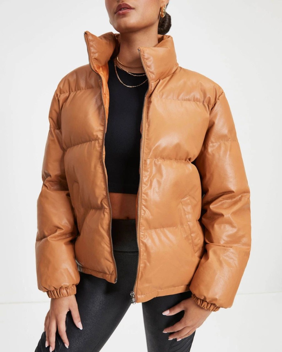 Coats & Jackets * | Tcec-001 Raza Pocketed Faux Leather Puffer Jacket Camel Final Sale