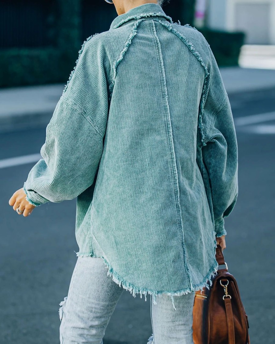 Coats & Jackets * | Pol-001 Navid Cotton Pocketed Corduroy Shacket Seafoam Final Sale