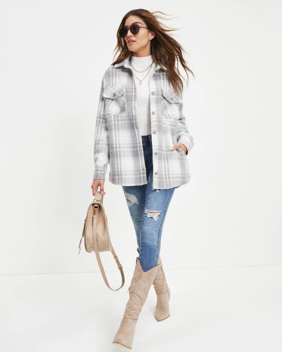 Coats & Jackets * | Thre-001 Keep You Warm Pocketed Plaid Jacket Final Sale