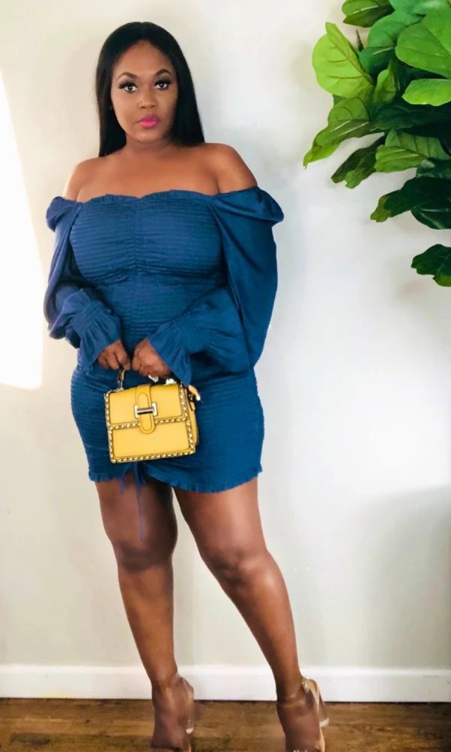 Dresses * | Shop Kloset Essentials Blue Ruched Off The Shoulder Mini Dress